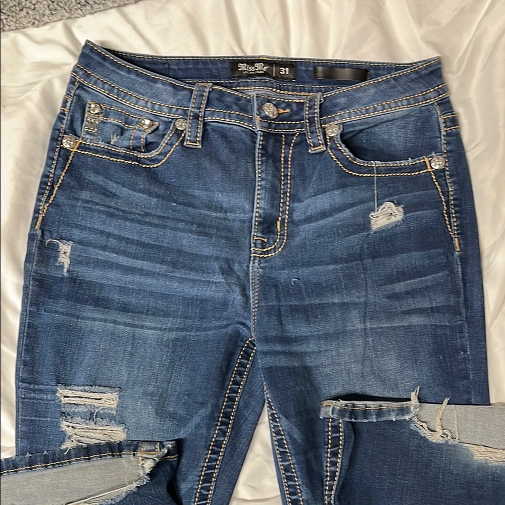 Miss Me Blue Jeans with Distressing and Faded Wash